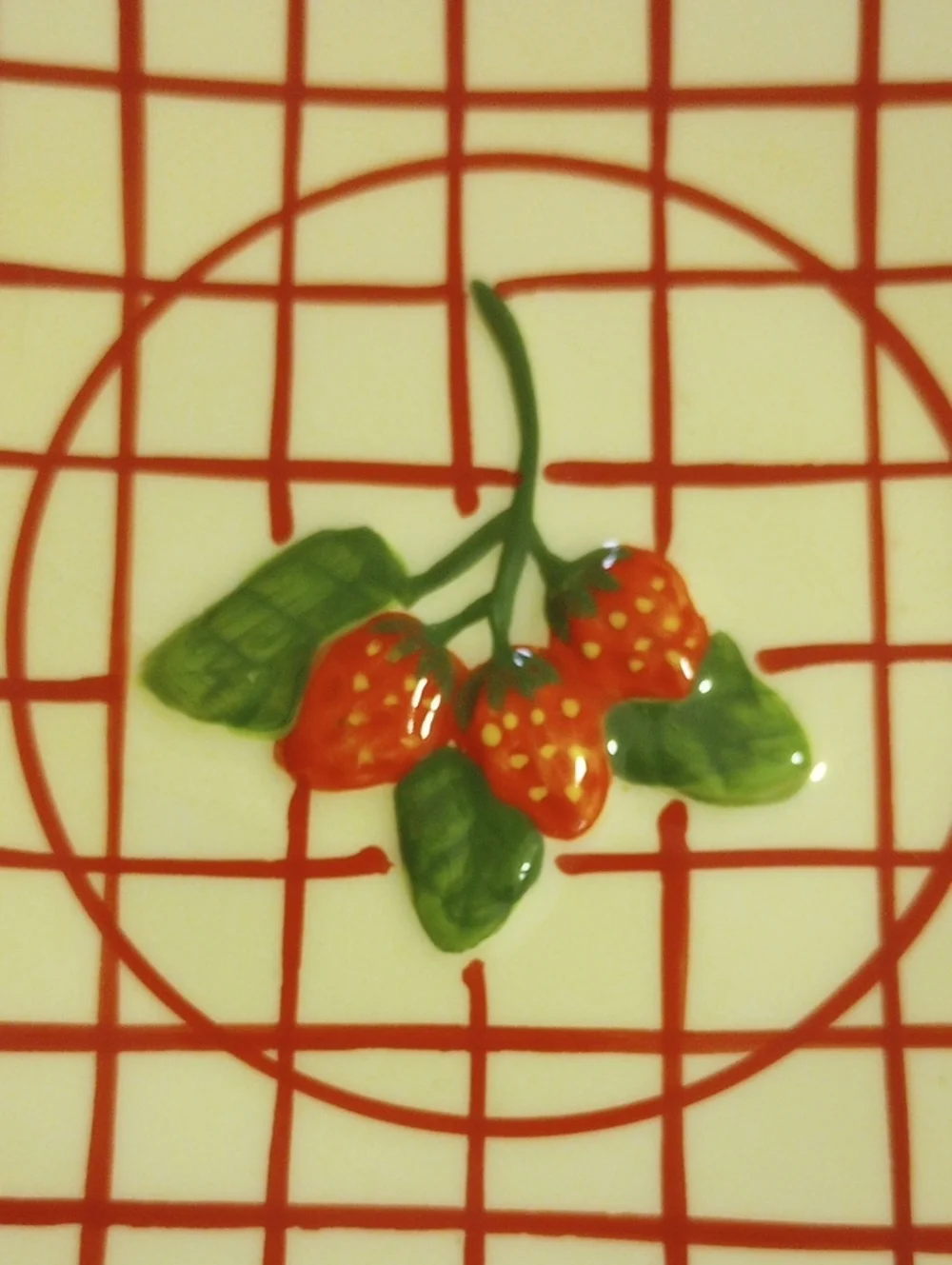Vintage Ceramic Decorative Mini Plate w/ 3D Strawberry Design & Plaid Pattern